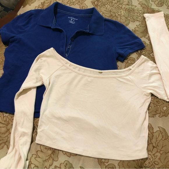 Liz Claiborne Tops - Top Lot of 2, Liz Claiborne polo crop blue AND off-shoulder crop ivory, Size S/M